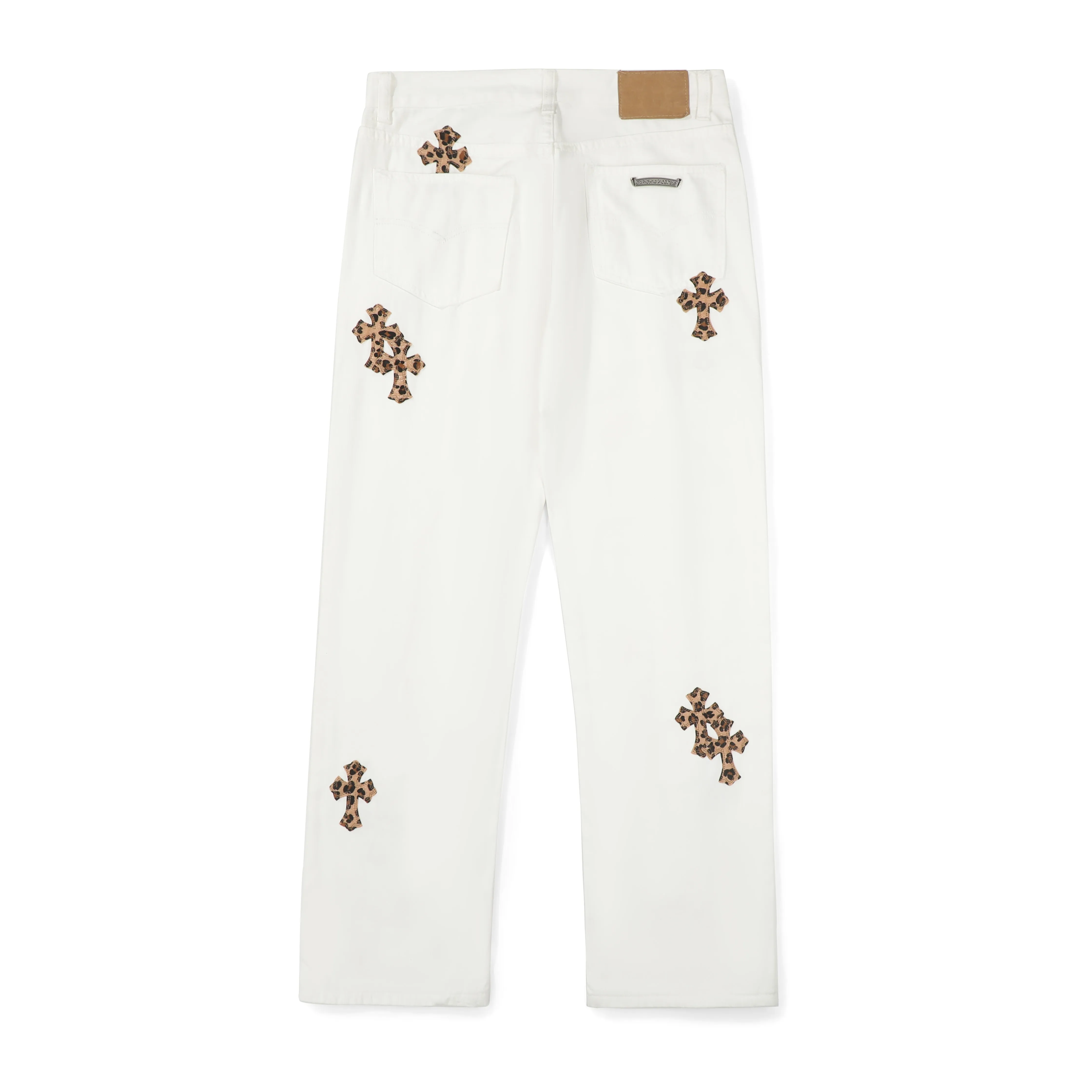 P250 Chrome Hearts｜CH Chrome Hearts 25SS high street jeans with leopard print and vintage graffiti paintings. Chrome Hearts are the most popular pants in color. Made of beaded canvas fabric, heavy washing makes the upper body of the fabric more textured and the pants are tall and straight! The three-dimensional cutting of the whole trousers is a masterpiece! The hardware is customized by zp. The beaded canvas fabric is thick and soft after being washed. It has good breathability. Customized small leather label. Unique design. The details are simple and elegant, and the workmanship is exquisite. The whole trousers are neatly routed and the details are in place! It’s so cool that both men and women can easily control the genderless trend! Color: White Size: 28 30 32 34